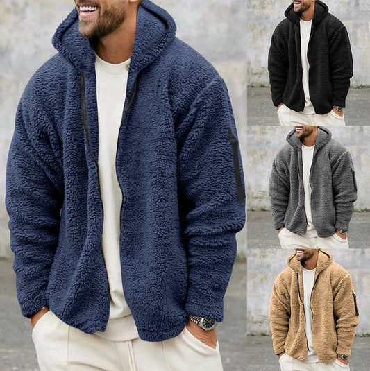 Plush Hooded Jacket Men's Autumn And Winter Fleece Double-sided Wear Warm Coat With Zipper Loose Casual Jacket Outdoor Clothing Empower Wellness Fitness