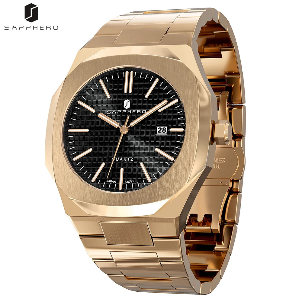 Modern Mens Stainless Steel Watch Octagon Design Quartz Business Wristwatch for Men Date Luminous 30M Waterproof Clock SAPPHERO Official Store